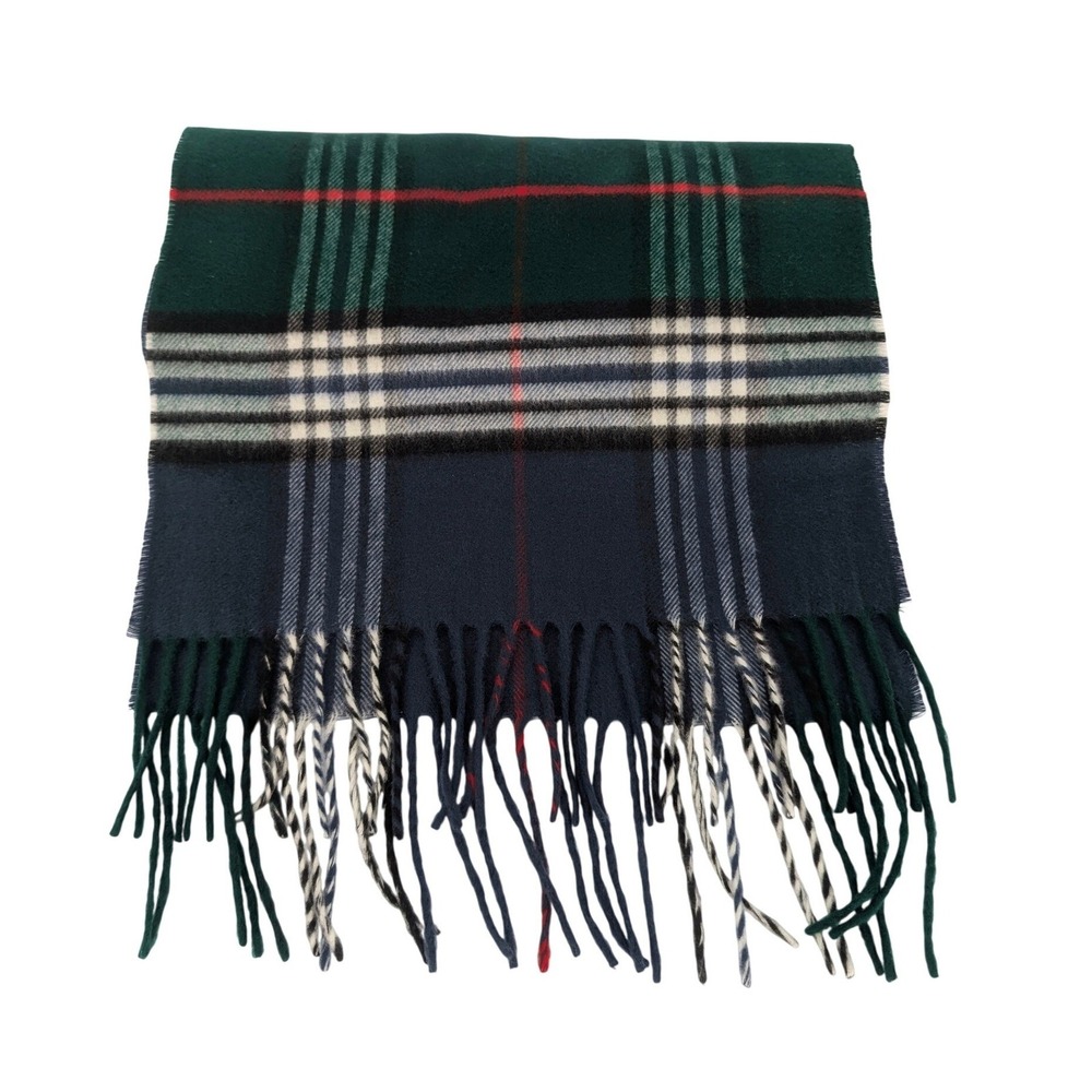 Luxury Cashmere Scarf Unisex OS Navy Green Tartan Plaid Scotland Fringe Classic